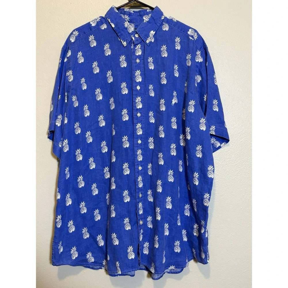 Polo Ralph Lauren Button Up Shirt Blue Pineapple Print 1XB Resort Hawiian Beach